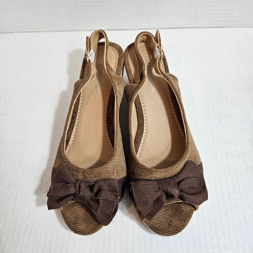 Brown CITE Women's Corduroy Slingback Wedge Open Toe Espadrille Size 8 Y2K Style